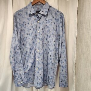 Scott Barber Men's Large Button Up‎ Shirt All Over Ski Print Blue Long Sleeve